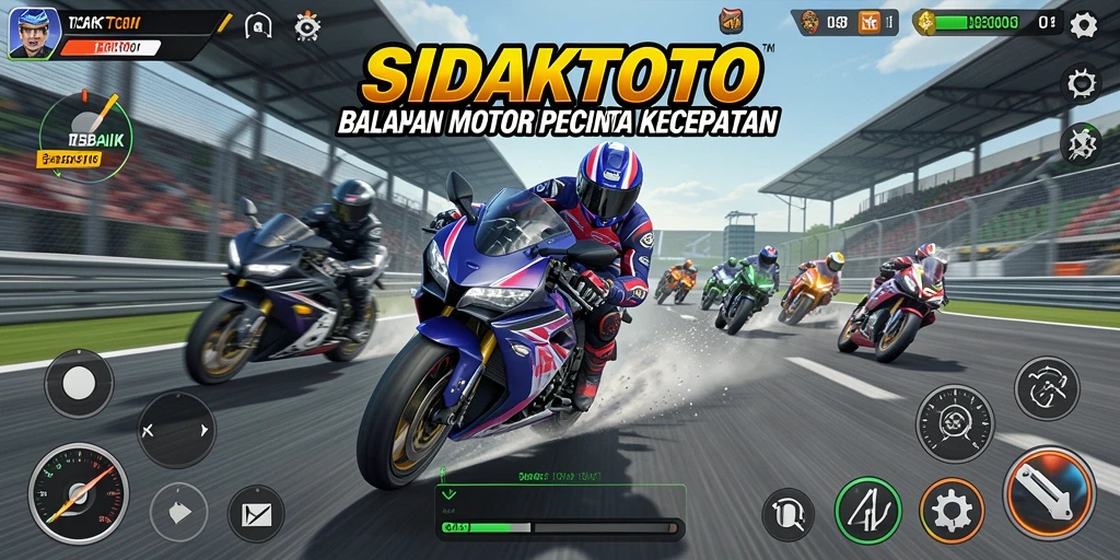 Screenshot gameplay SIDAKTOTO menampilkan balapan motor yang mendebarkan.
