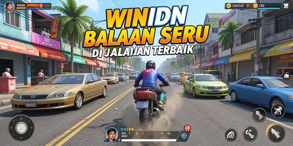 Tampilan gameplay seru dari WINIDN dengan mobil balap sedang melaju kencang.