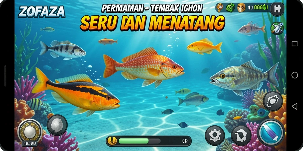 Screenshot gameplay ZOFAZA memperlihatkan aksi menembak ikan yang mendebarkan.